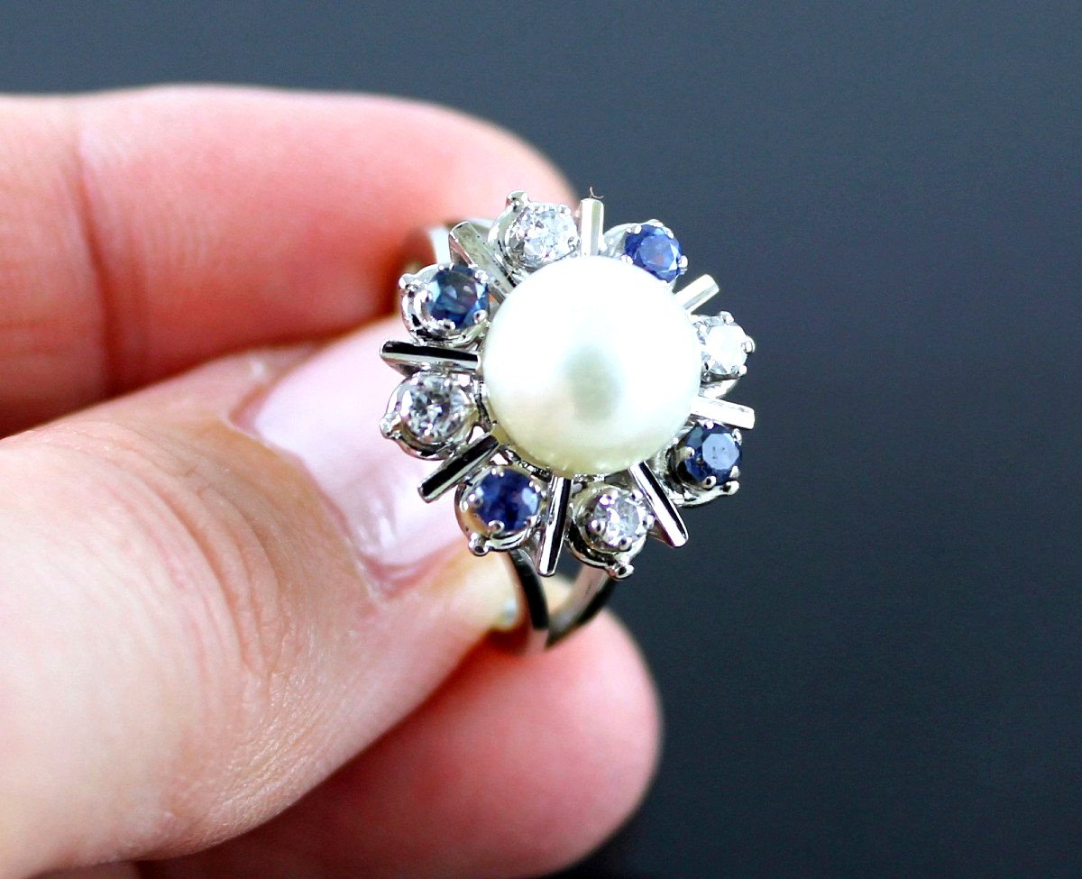 Gold, Sapphires, Diamonds And Akoya Cultured Pearl Ring