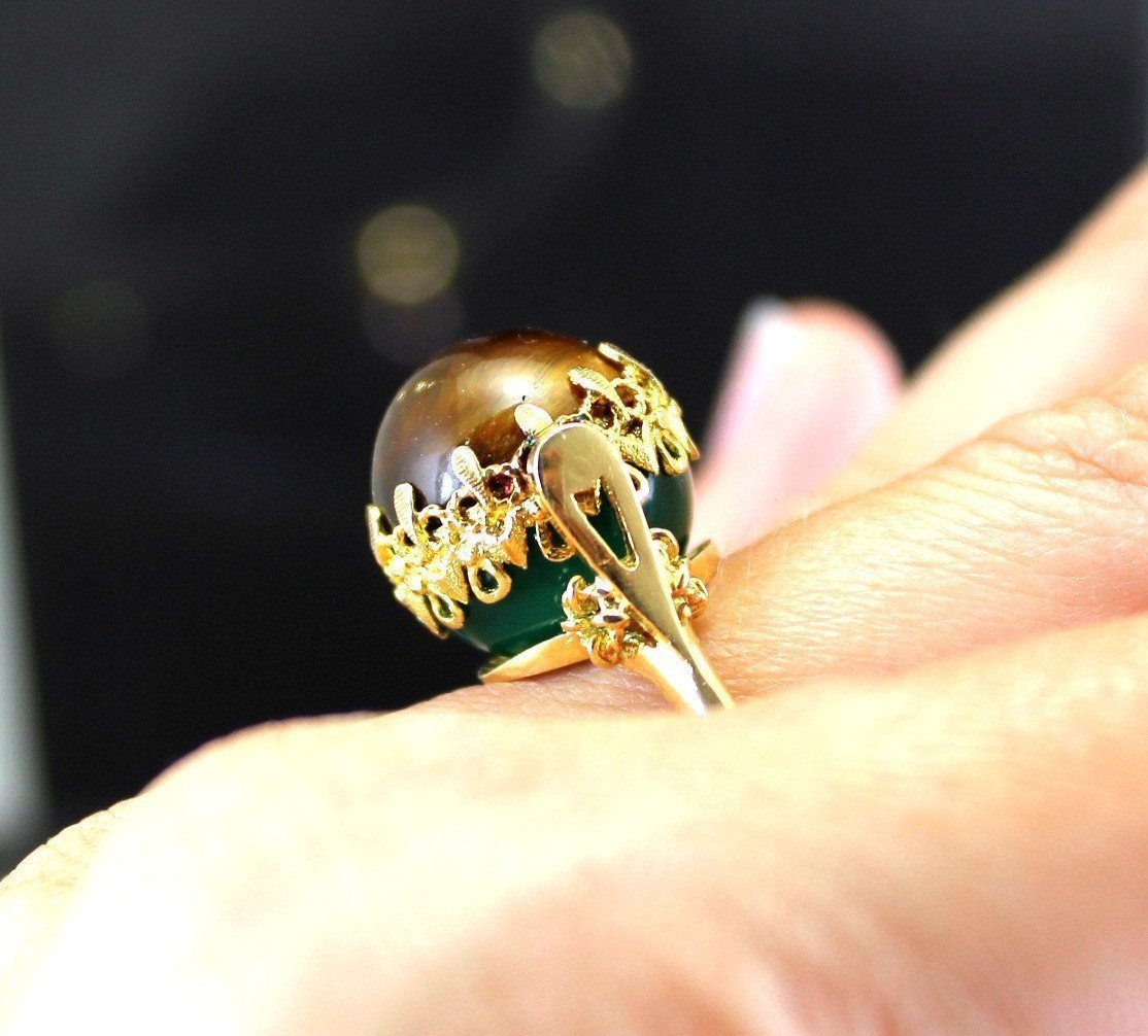 Rotating Gold Ring - Green Agate - Tiger's Eye