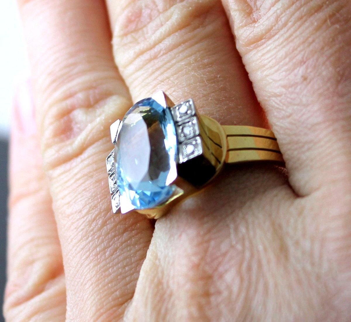 Bague Or Et Platine, Aigue Marine Et Diamants-photo-3