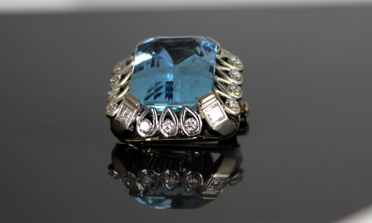 Aquamarine (+/-18 Ct) And Diamond Brooch-photo-2