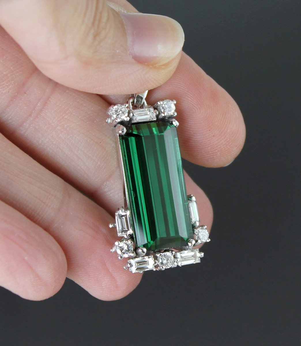 Pendentif Or, Tourmaline Verte (+/-16 Ct) Et Diamants (+/-1 Ct)-photo-1