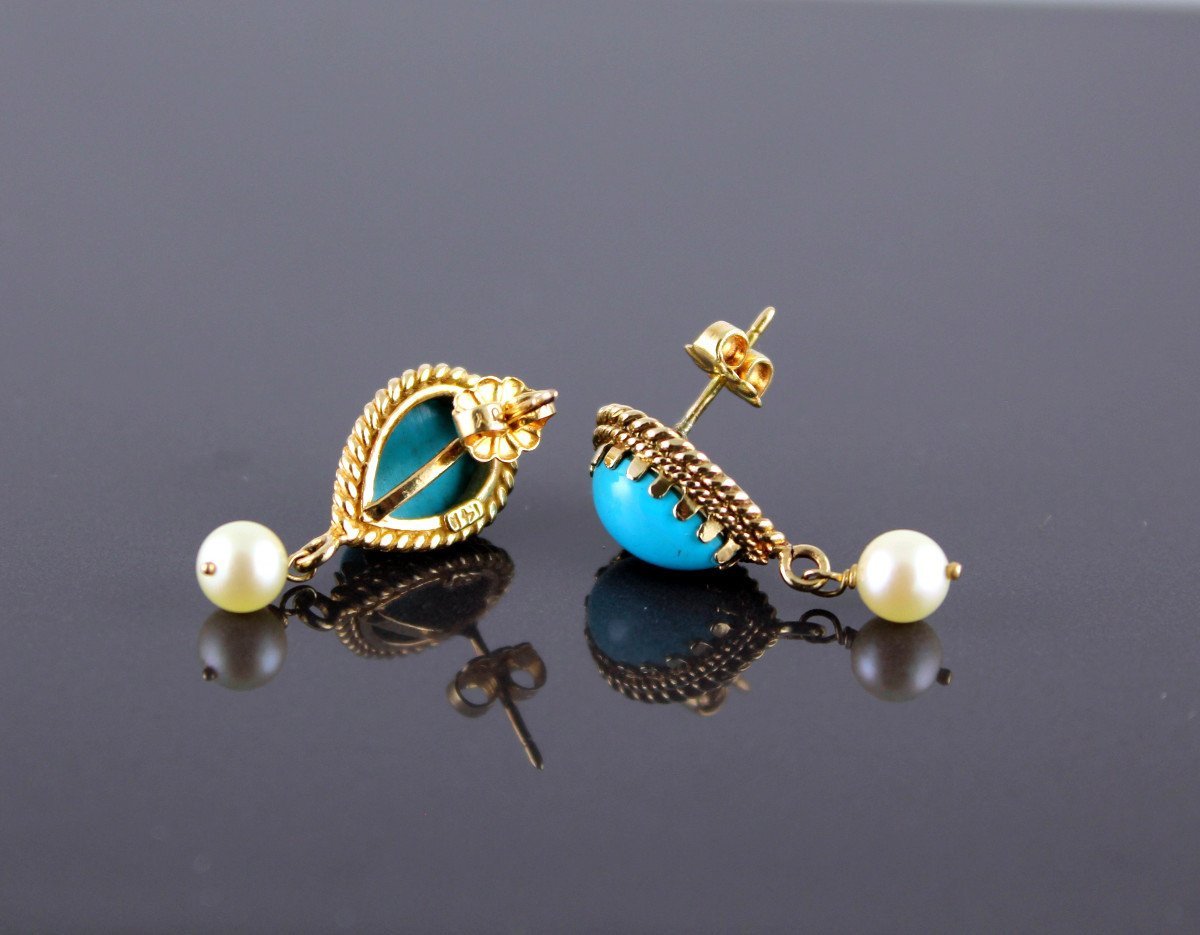 Gold, Turquoise And Cultured Pearl Earrings-photo-2