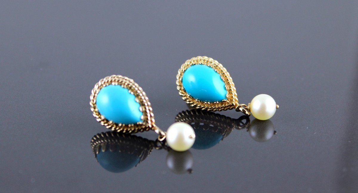 Gold, Turquoise And Cultured Pearl Earrings-photo-3