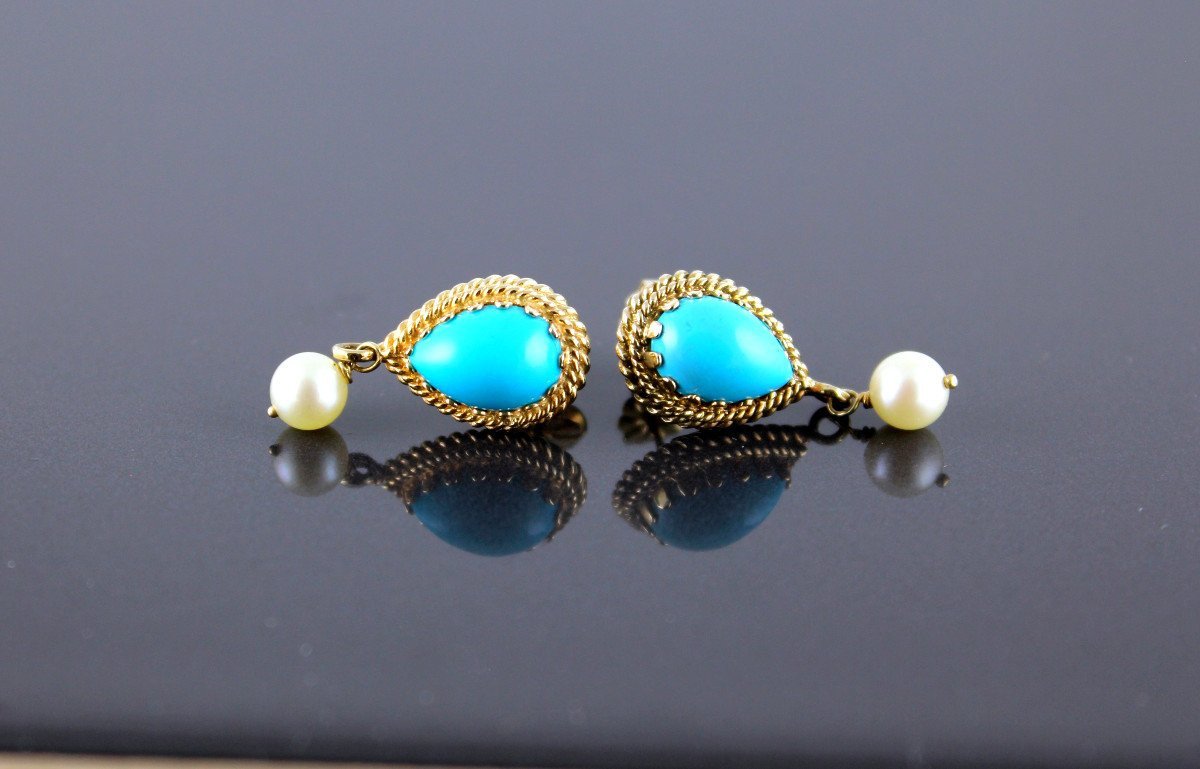 Gold, Turquoise And Cultured Pearl Earrings-photo-4