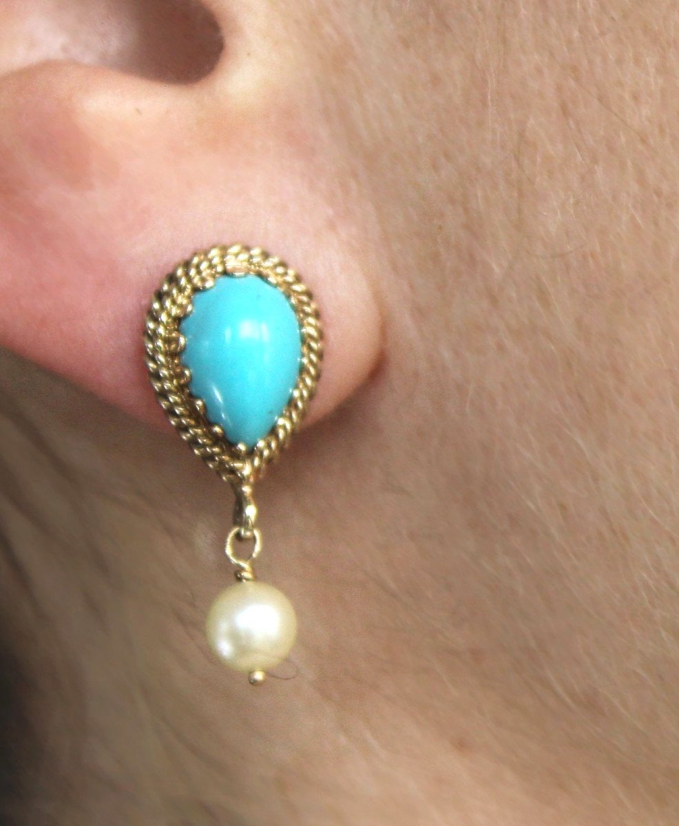 Gold, Turquoise And Cultured Pearl Earrings-photo-2