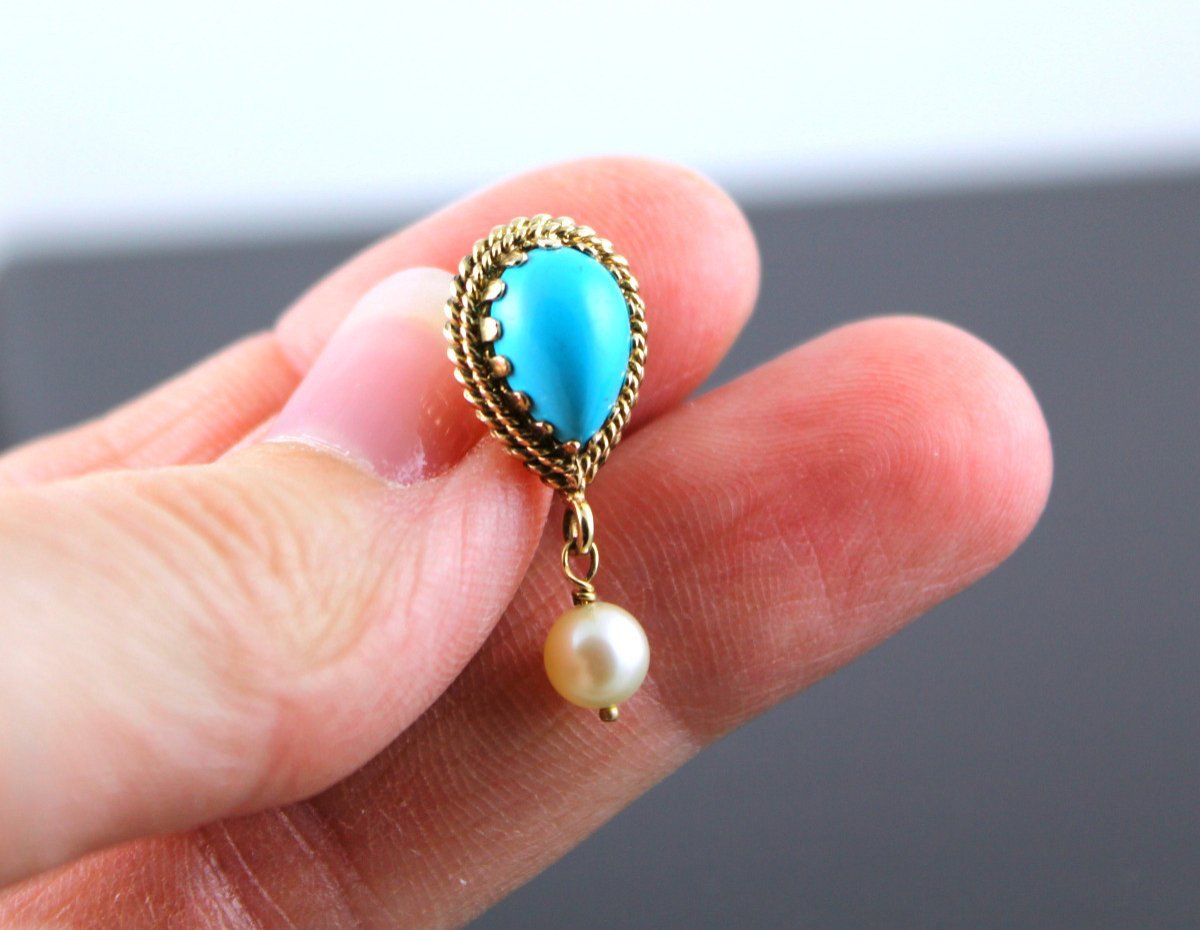 Gold, Turquoise And Cultured Pearl Earrings-photo-3