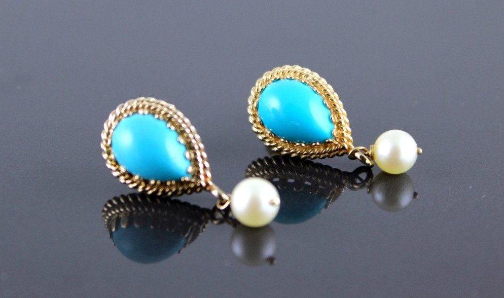 Gold, Turquoise And Cultured Pearl Earrings