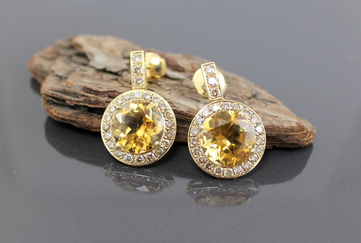 Boucles Or, Citrine Et Diamants Cognac