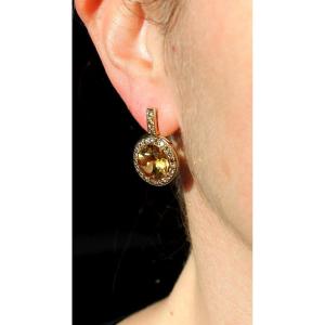 Boucles Or, Citrine Et Diamants Couleur Cognac