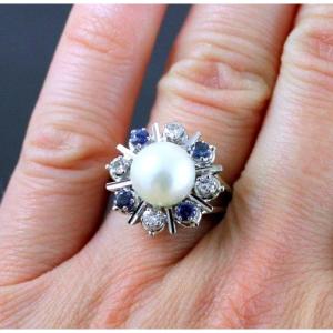Gold Ring, Sapphires, Diamonds And Akoya Cultured Pearl