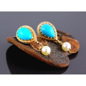 Boucles Or, Turquoise Et Perle De Culture