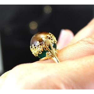 Bague Or Tournante - Agate verte - Oeil de tigre