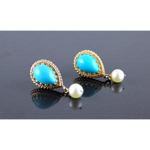 Gold, Turquoise And Cultured Pearl Earrings