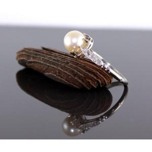 Platinum, Diamond And Akoya Pearl Ring