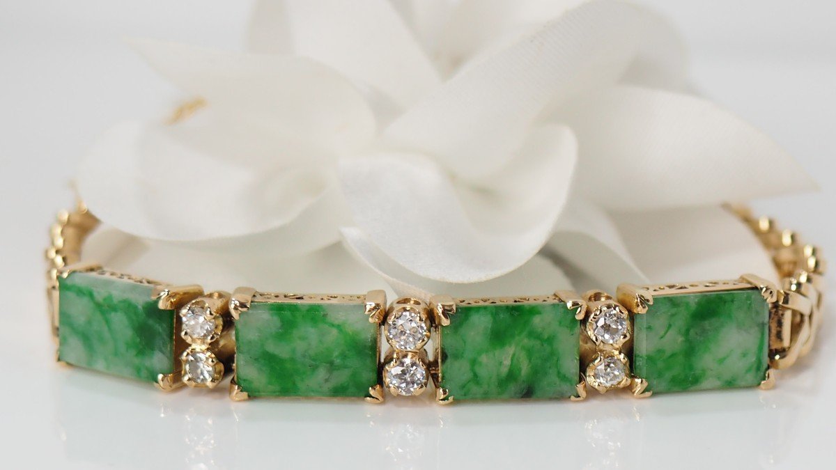 Vintage Bracelet In Yellow Gold, Diamonds And Jades-photo-2