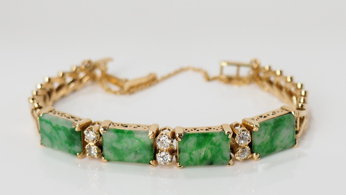 Vintage Bracelet In Yellow Gold, Diamonds And Jades-photo-2