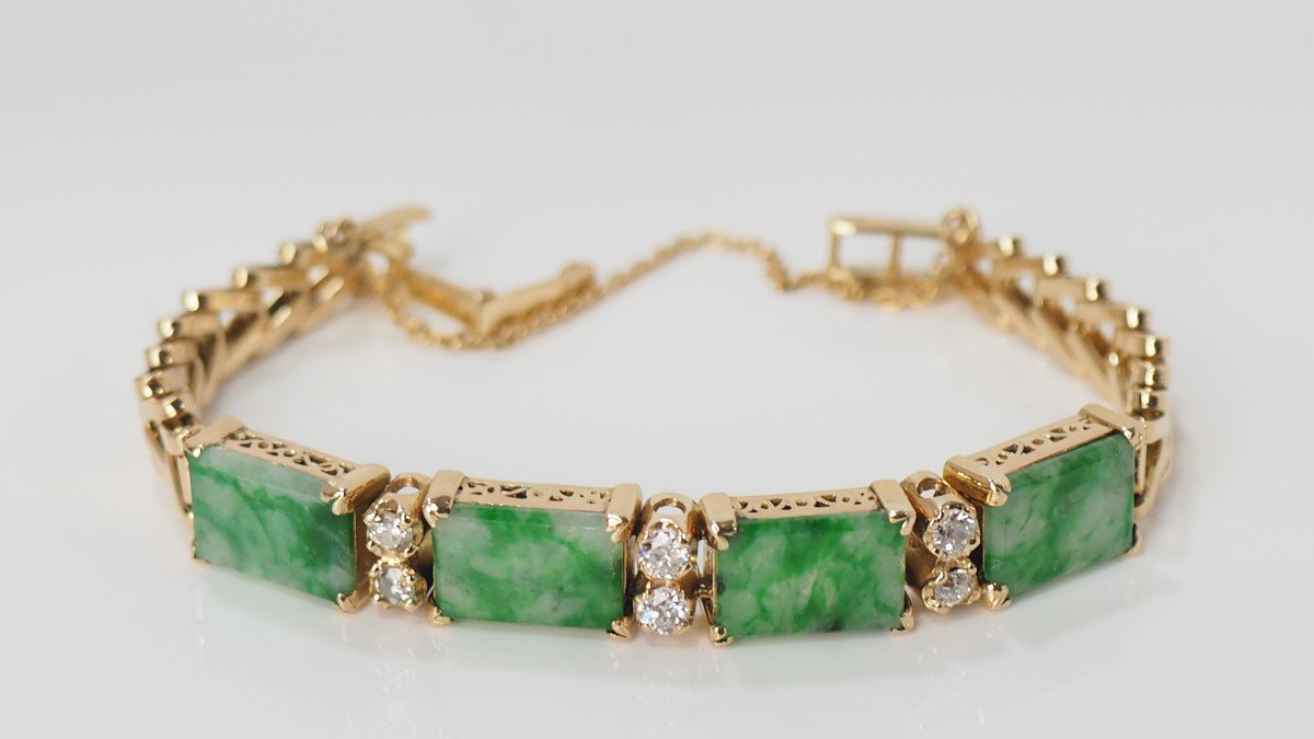 Vintage Bracelet In Yellow Gold, Diamonds And Jades-photo-6