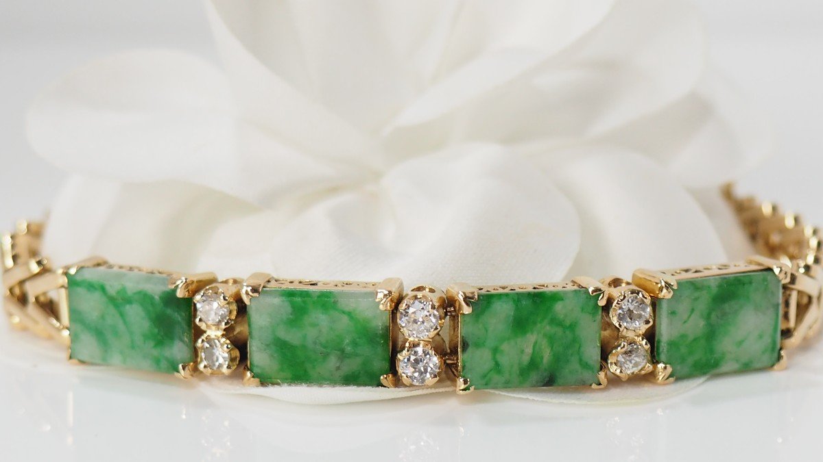 Vintage Bracelet In Yellow Gold, Diamonds And Jades-photo-7