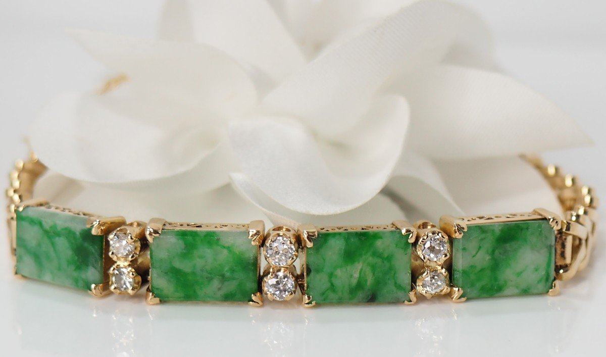 Vintage Bracelet In Yellow Gold, Diamonds And Jades