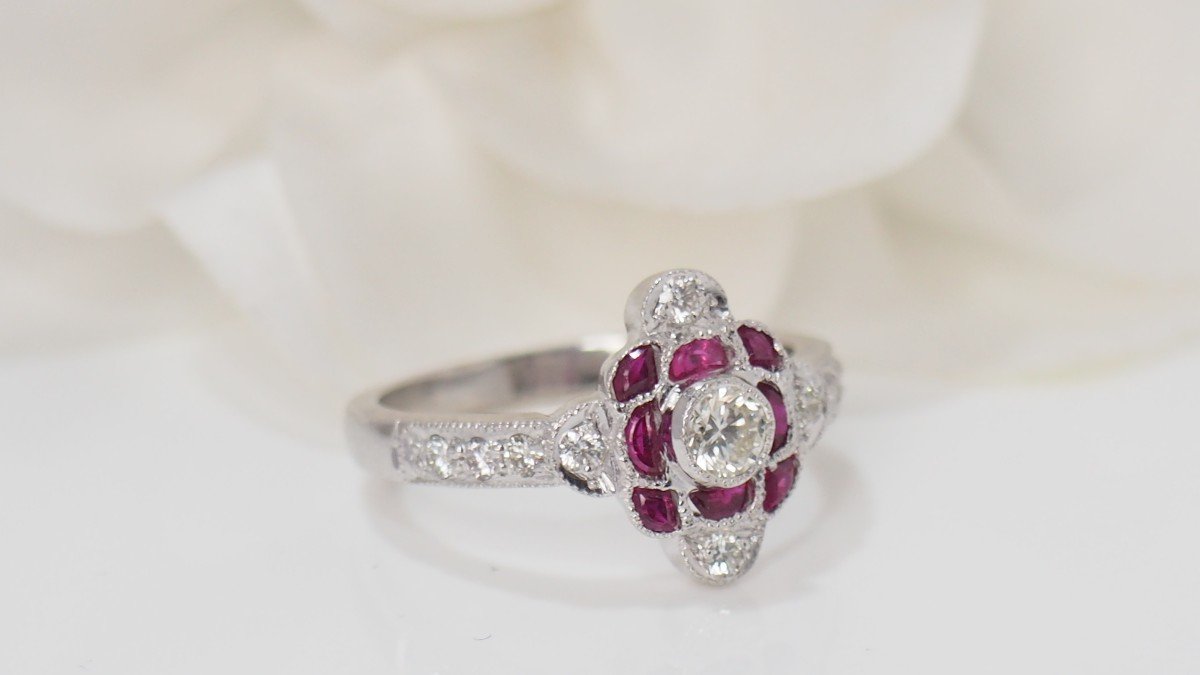 Ring In White Gold, Calibrated Rubies And Diamonds-photo-3