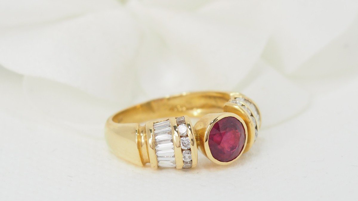 Bague Jonc En Or Jaune, Rubis Naturel Et Diamants-photo-4