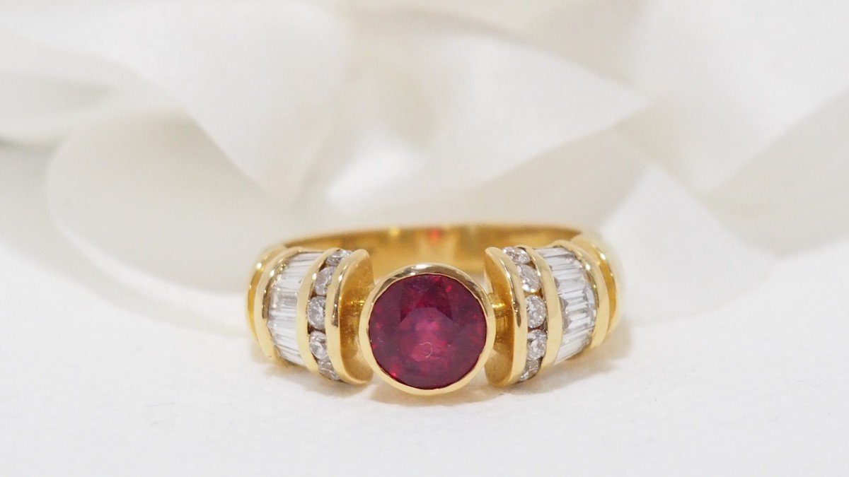 Bangle Ring In Yellow Gold, Natural Ruby And Diamonds