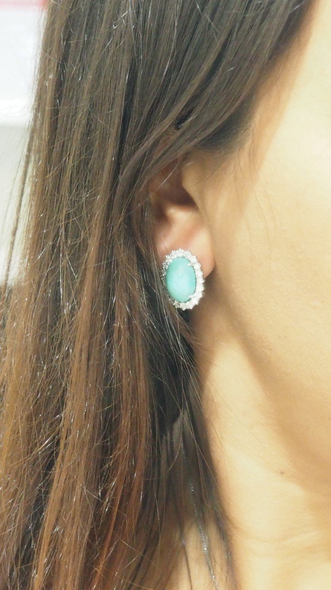 Daisy Earrings In White Gold, Natural Turquoise And Diamonds-photo-3
