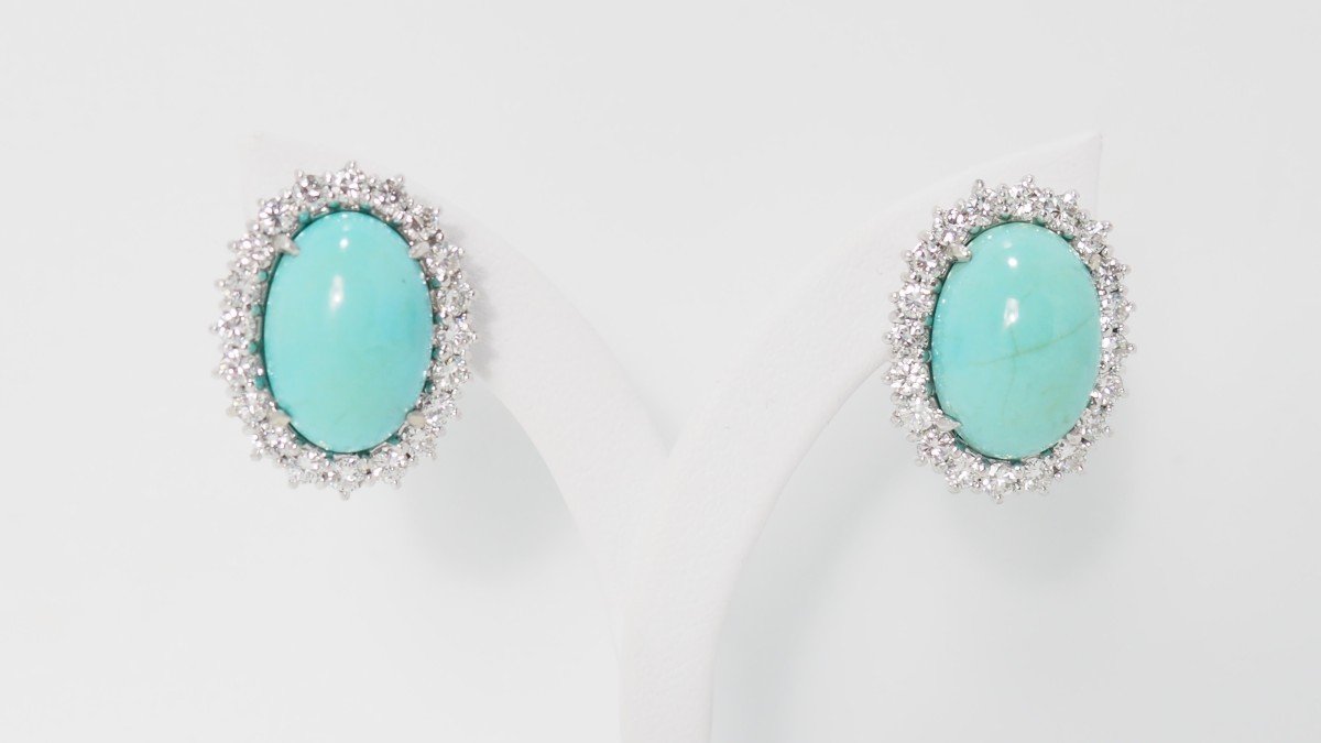 Daisy Earrings In White Gold, Natural Turquoise And Diamonds-photo-2