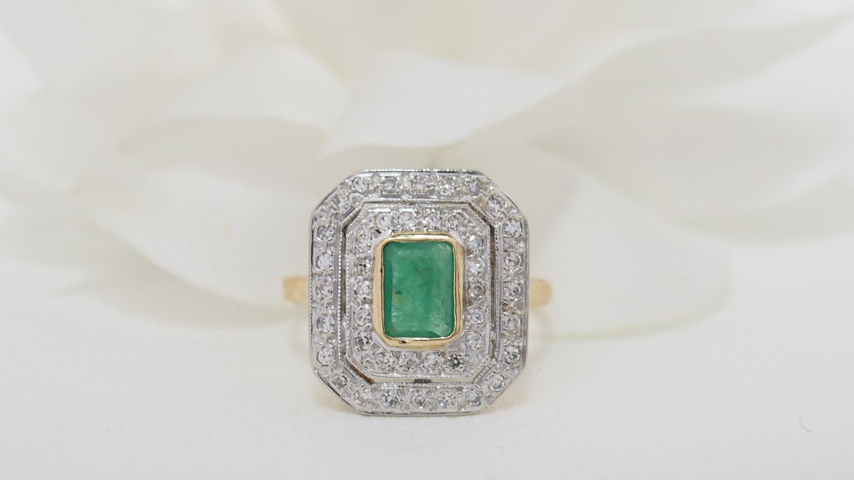 Double Surround Ring In Two-tone Gold Emerald And Diamonds