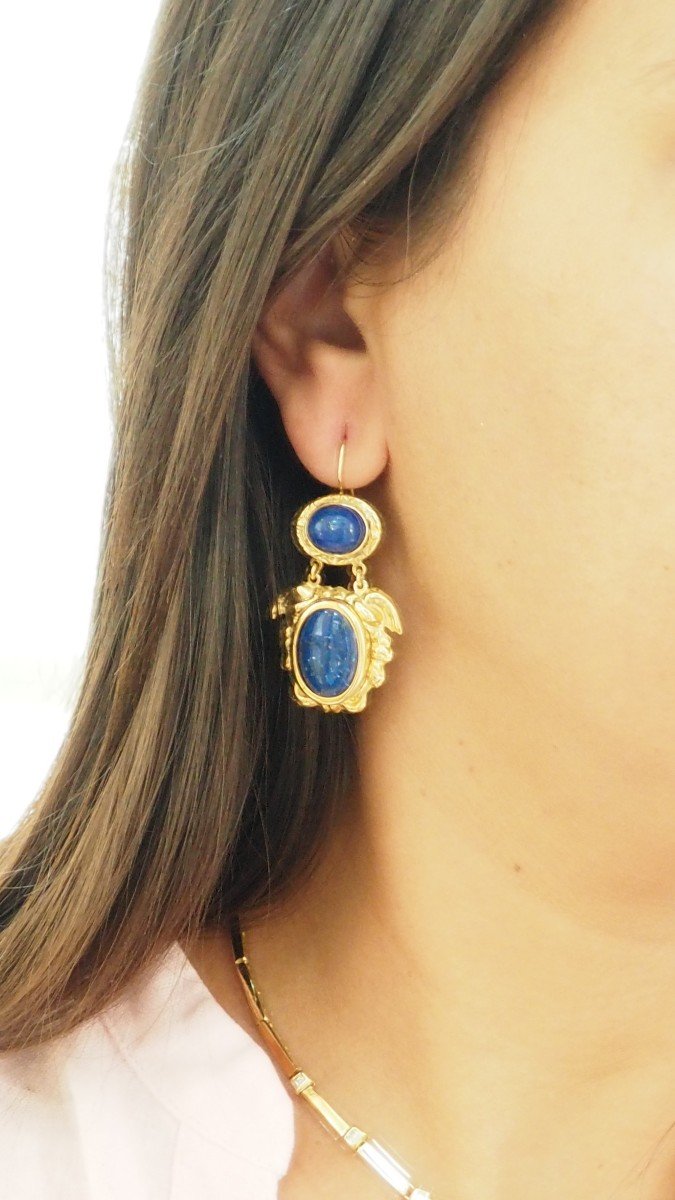 Boucles d'Oreilles  Or Jaune Et Cabochon Lapis Lazuli -photo-4