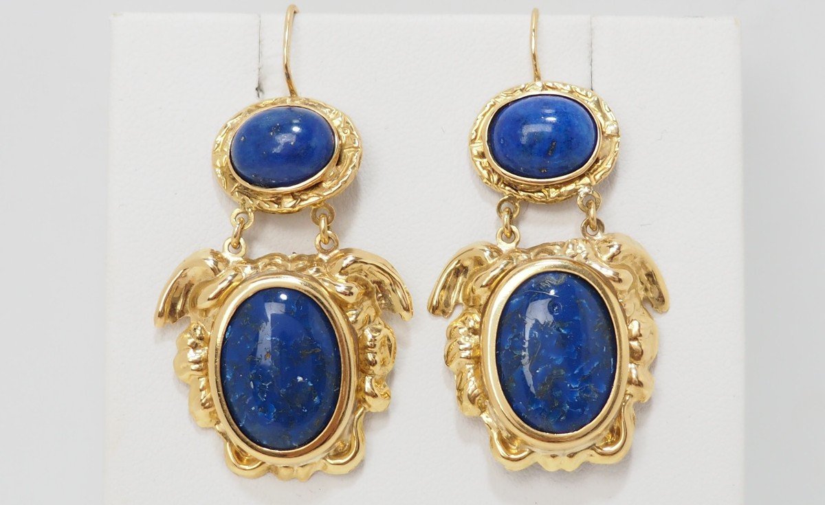 Boucles d'Oreilles  Or Jaune Et Cabochon Lapis Lazuli 