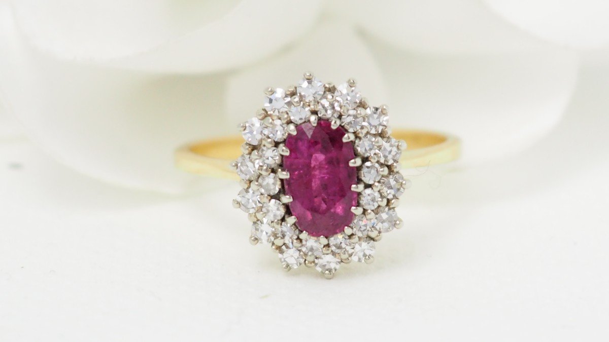 Bague Entourage E En Or Jaune, Rubis Et Diamants-photo-2