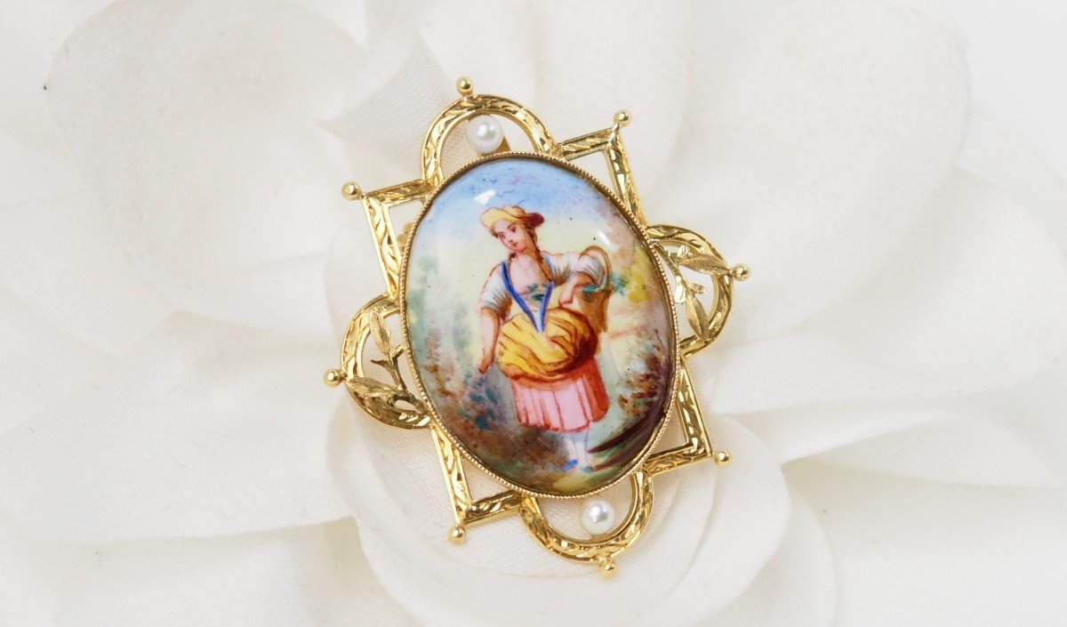 Pendant Brooch In Yellow Gold, Pearls And Porcelain-photo-3