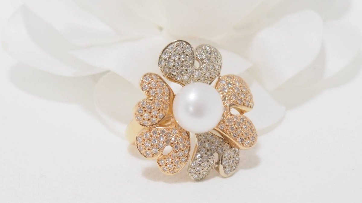 Bague Fleur En Or 3 Tons Diamants Et Perle De Culture-photo-3