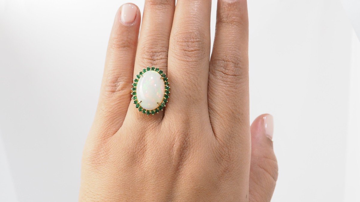 Oval Ring In Yellow Gold, Opal Cabochon And Emeralds-photo-4