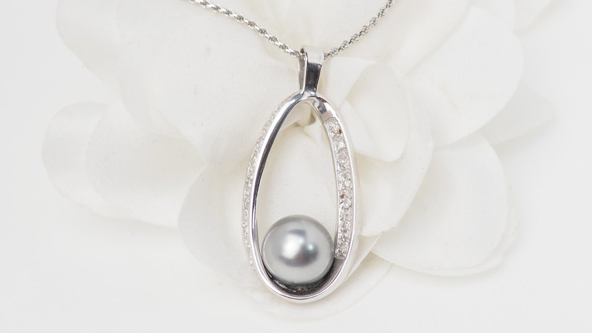 White Gold Necklace, Tahitian Pearl And Diamonds-photo-2