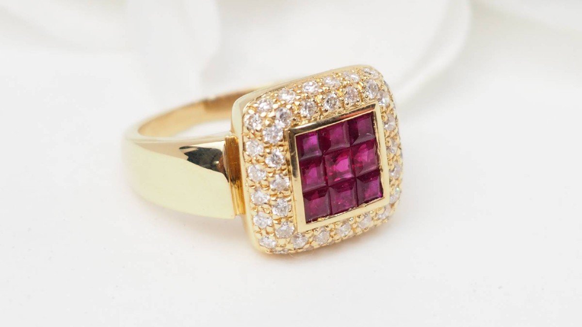 Bague Carrée En Or Jaune, Rubis Et Diamants -photo-1