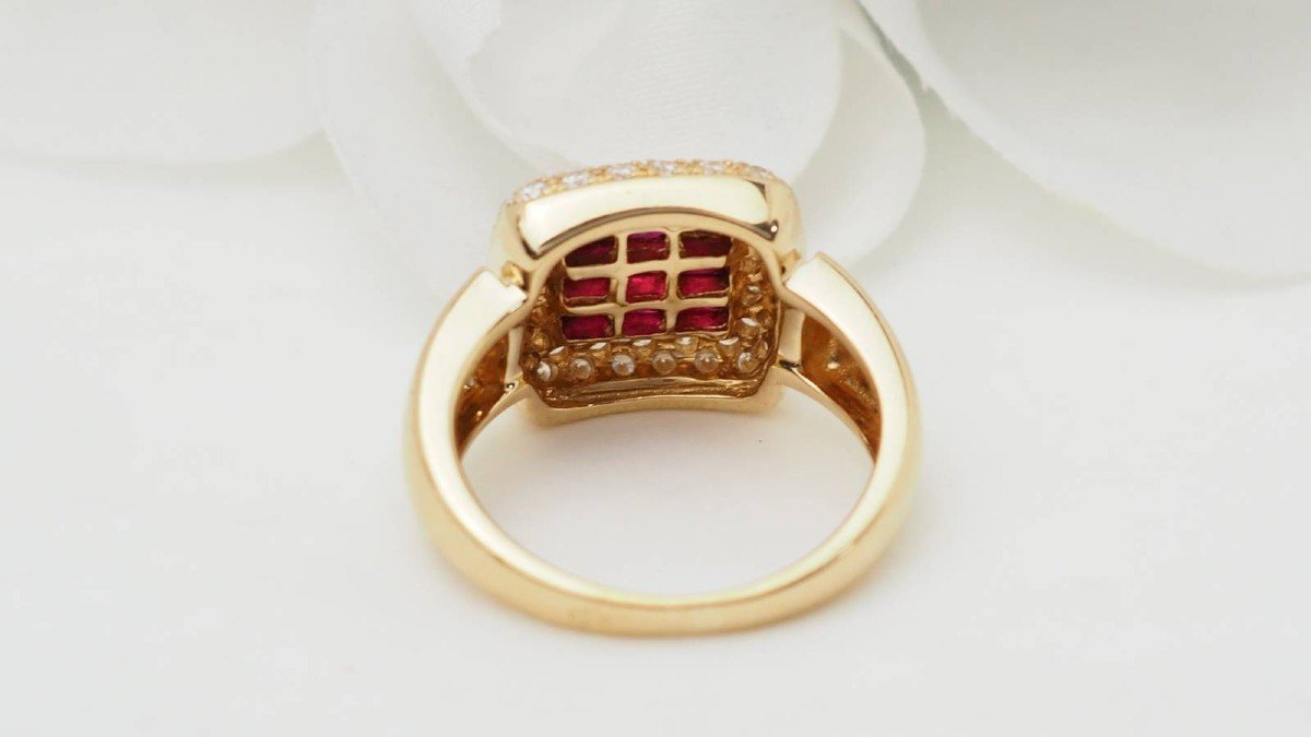 Square Ring In Yellow Gold, Rubies And Diamonds -photo-4