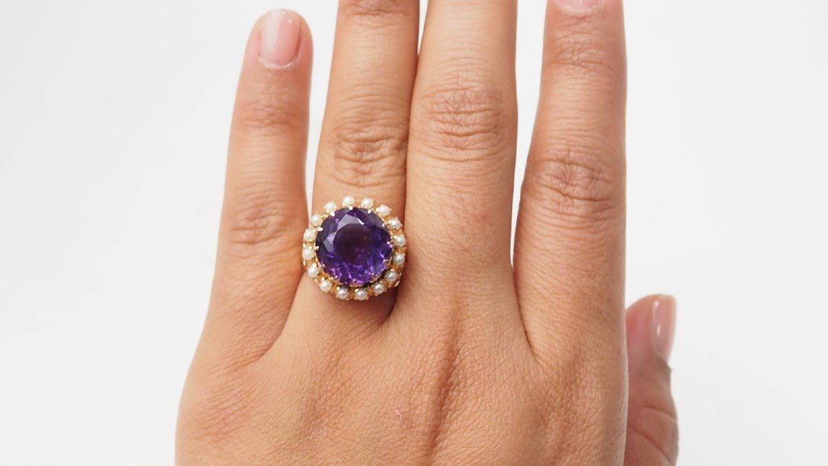 Vintage Ring In Rose Gold, Amethyst And Fine Pearls-photo-2