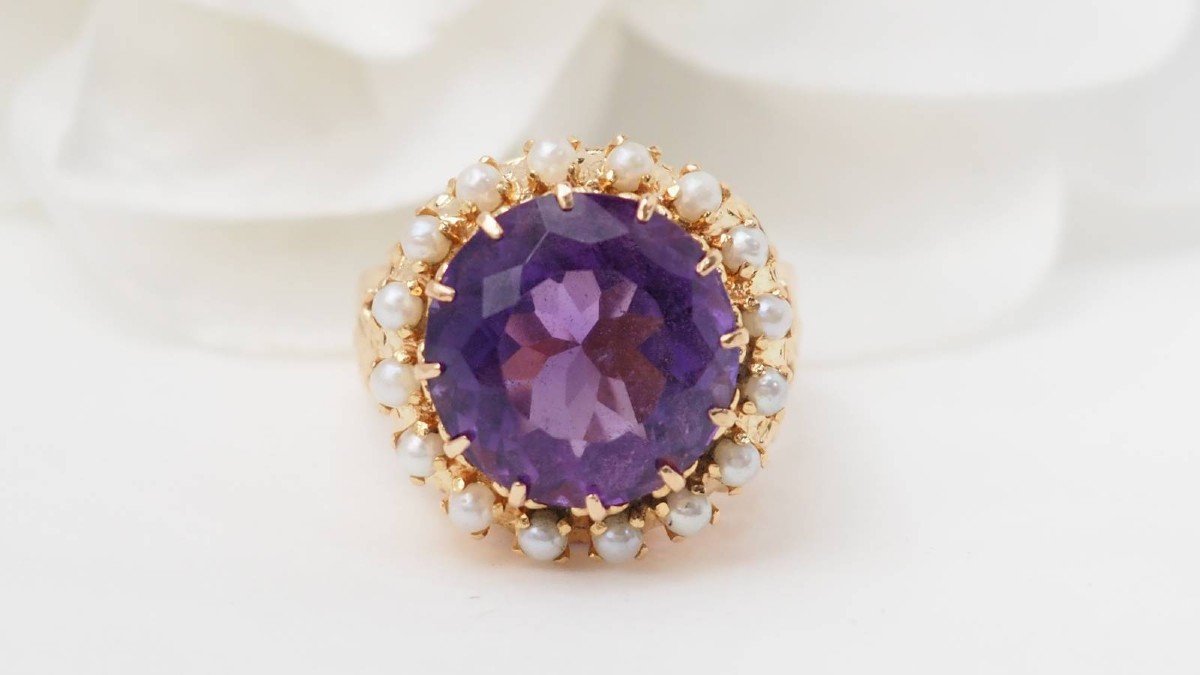 Vintage Ring In Rose Gold, Amethyst And Fine Pearls-photo-3