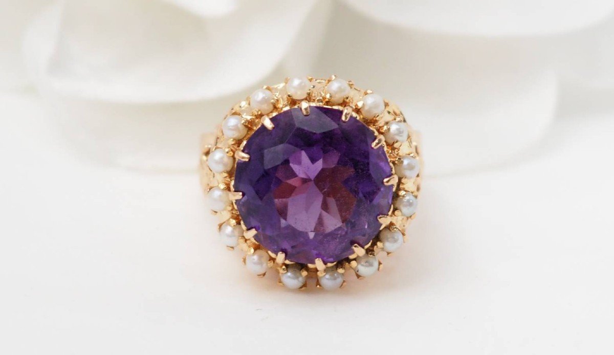 Vintage Ring In Rose Gold, Amethyst And Fine Pearls