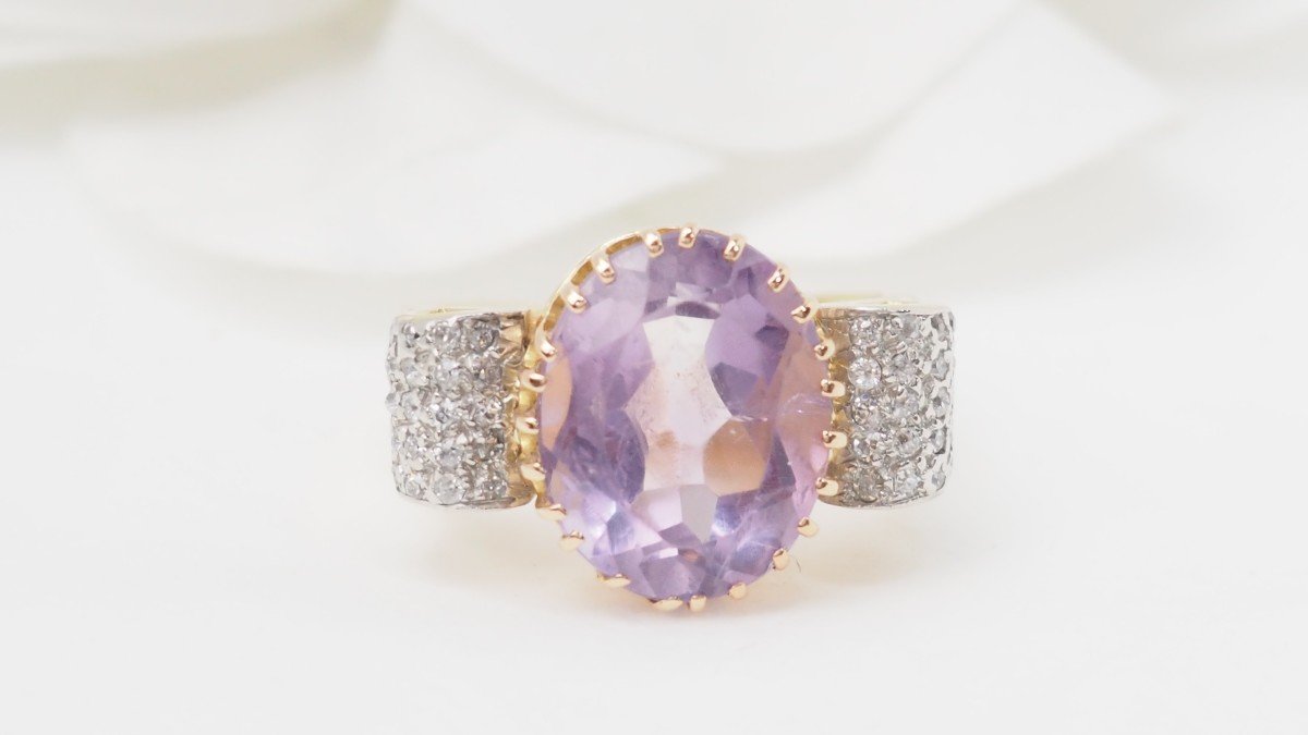 Knot Ring In Yellow Gold, Amethyst And Diamonds