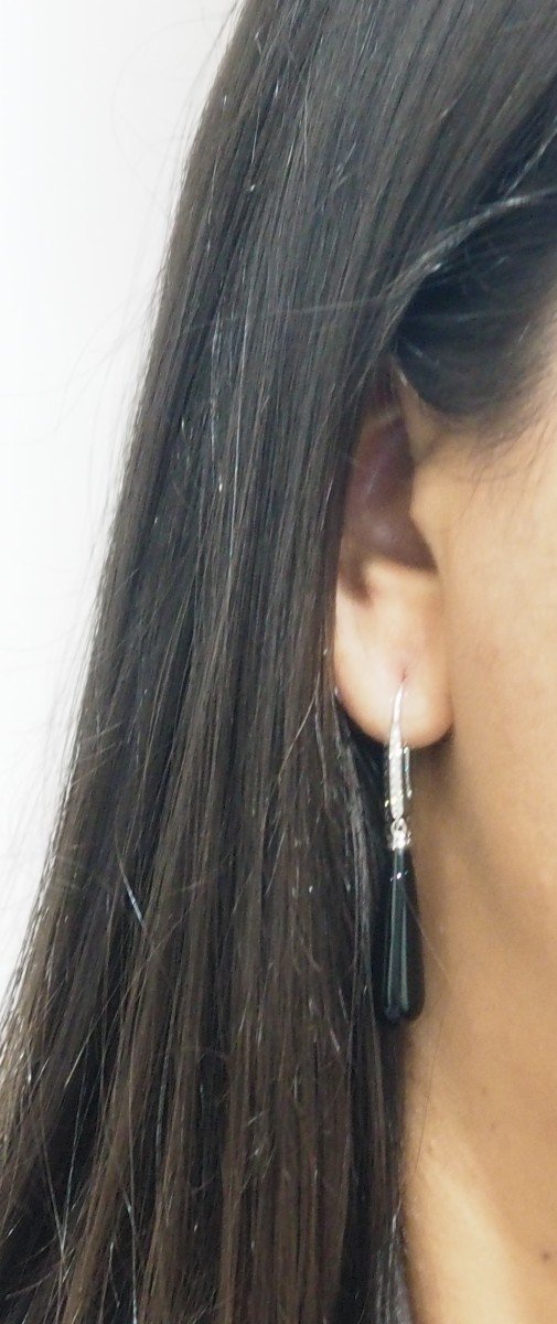 Boucles d'Oreille En Or Blanc, Diamants Et Onyx-photo-3