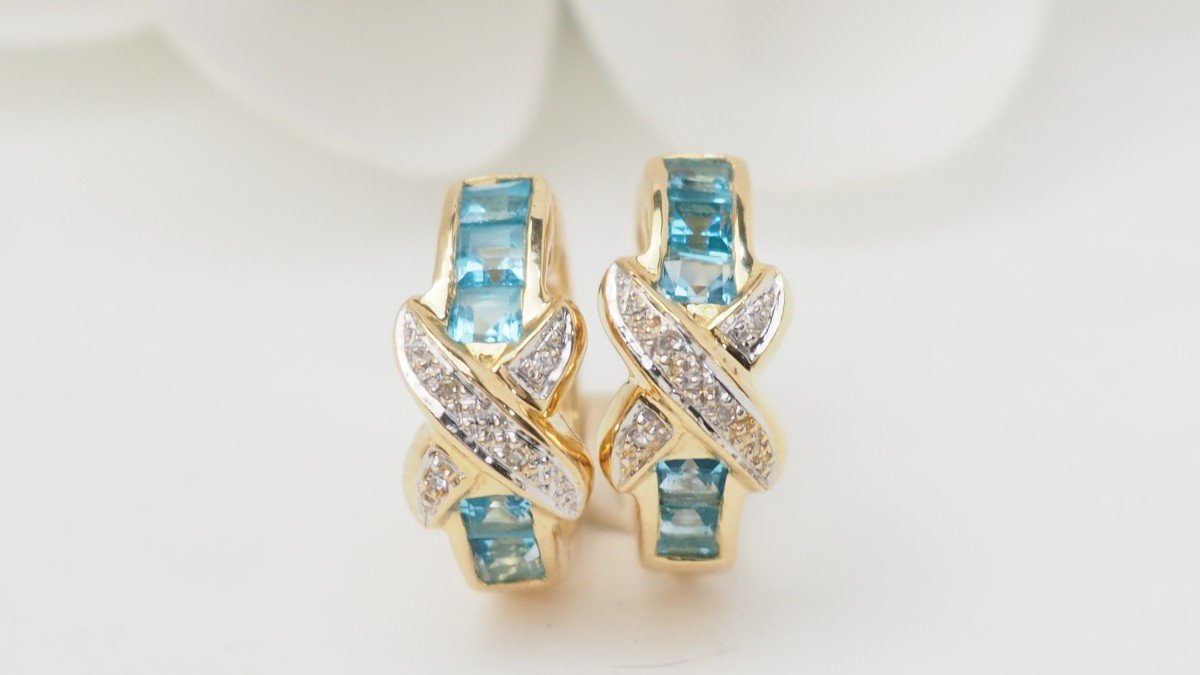 Boucles d'Oreilles Créoles En Or Blanc,topaze Bleue Et Diamants-photo-2