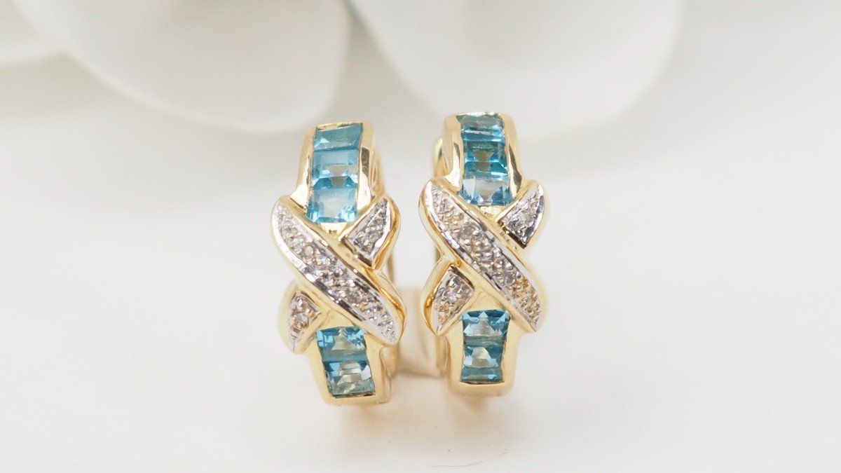 Boucles d'Oreilles Créoles En Or Blanc,topaze Bleue Et Diamants