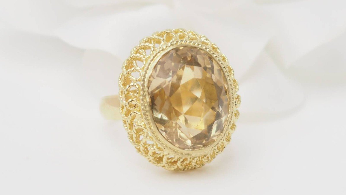 Openwork Ring In Yellow Gold And Faceted Citrine -photo-3