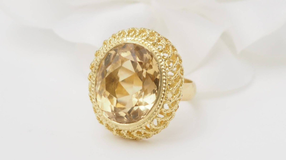 Openwork Ring In Yellow Gold And Faceted Citrine -photo-4