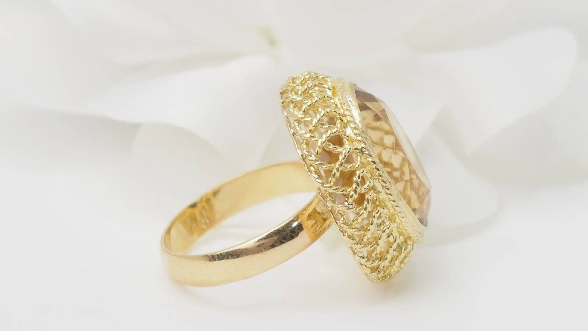 Openwork Ring In Yellow Gold And Faceted Citrine -photo-2