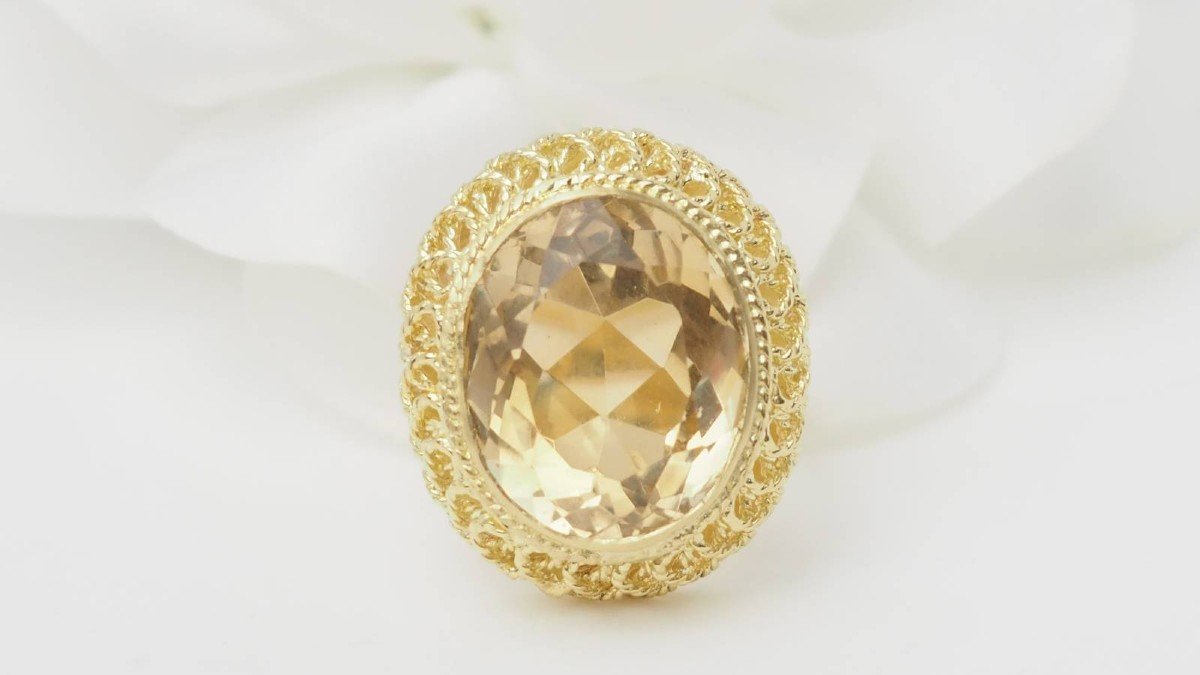 Openwork Ring In Yellow Gold And Faceted Citrine -photo-4