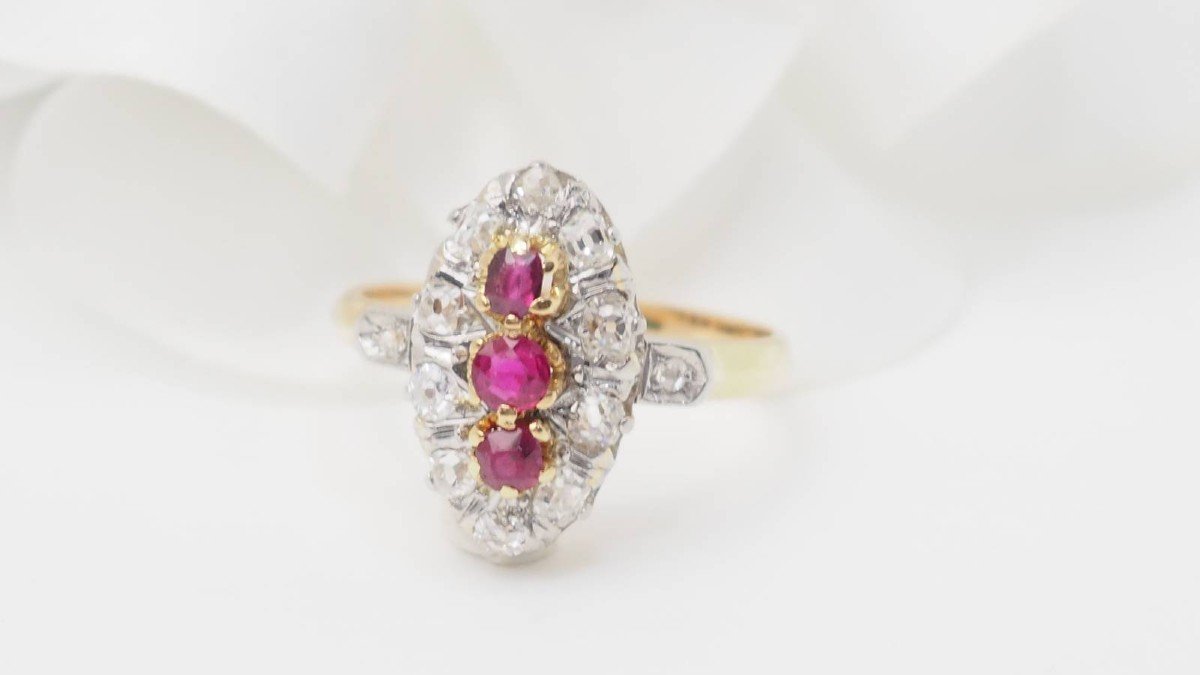 Marquise Ring In Yellow Gold, Rubies And Diamonds-photo-3